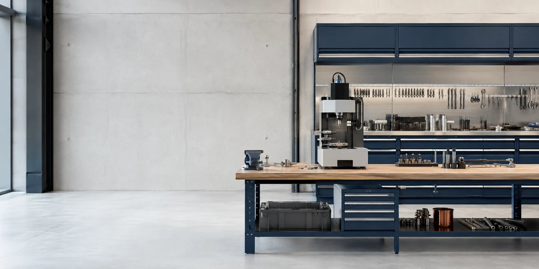 Organized workshop with workbench and tool storage