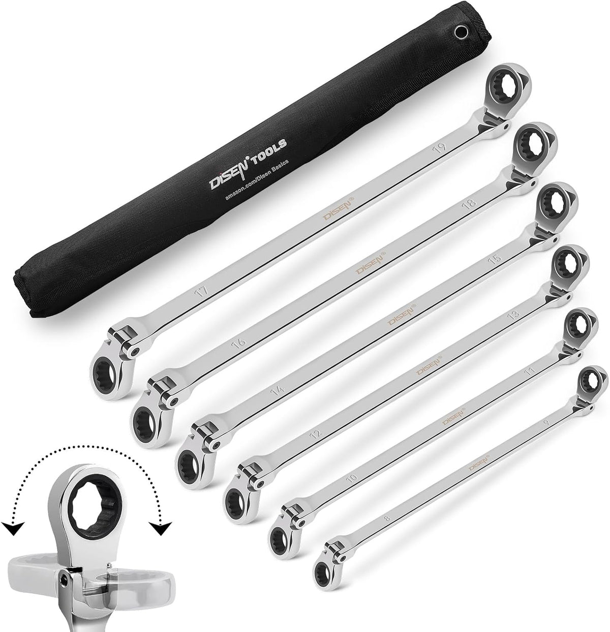 6-Piece Extra Long Flex Head Double Box End Ratcheting Wrench Set 8–19 mm with Pouch LF006