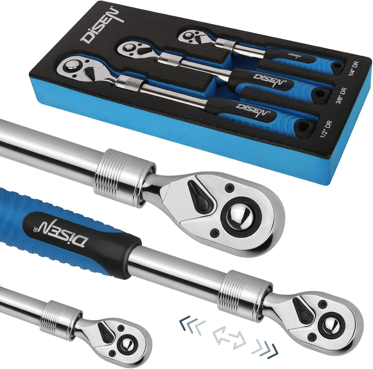 3-Piece Extendable 72-Tooth Ratchet Wrench Set 1/4″, 3/8″ & 1/2″ Drive with Storage Tray ER072