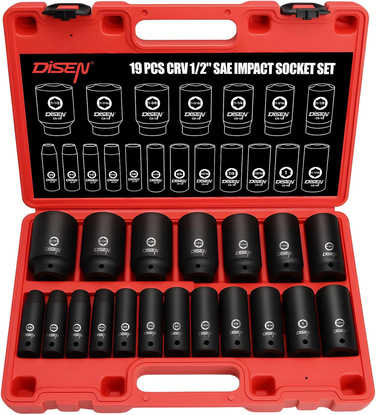 19-Piece 1/2″ Drive SAE Deep Impact Socket Set 3/8″–1-1/2″ 6-Point with Storage Case IS1912