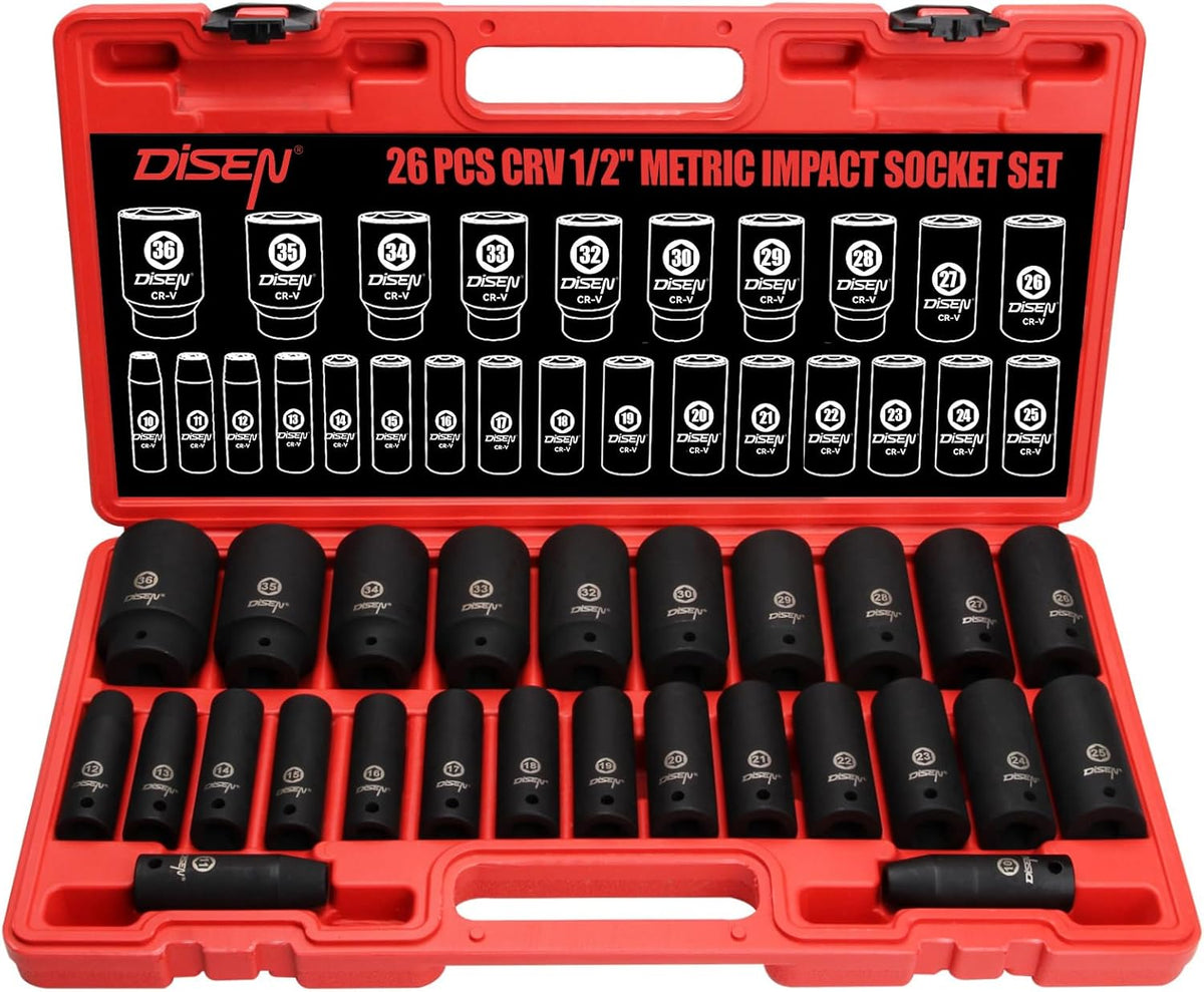 26-Piece 1/2″ Drive Metric Deep Impact Socket Set 10–36 mm 6-Point with Storage Case IS2612