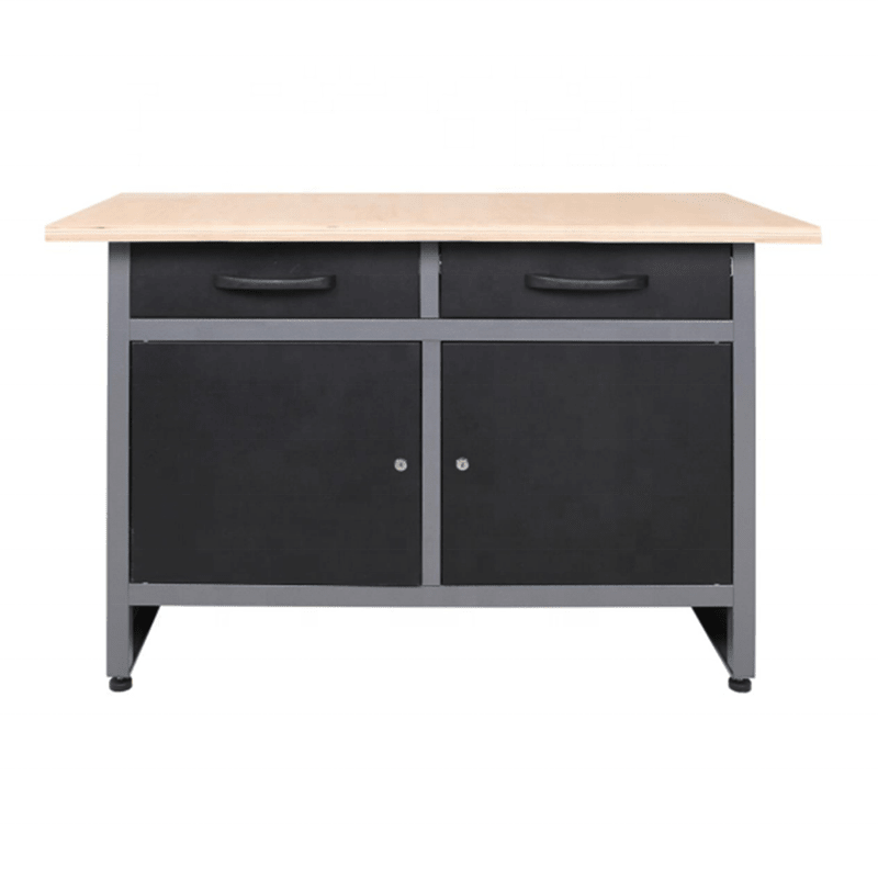 48″ x 24″ Steel Workbench with 2 Drawers & Double Door Storage Cabinet, 33.5″ Height Wooden Top Heavy Duty Garage Bench TC006
