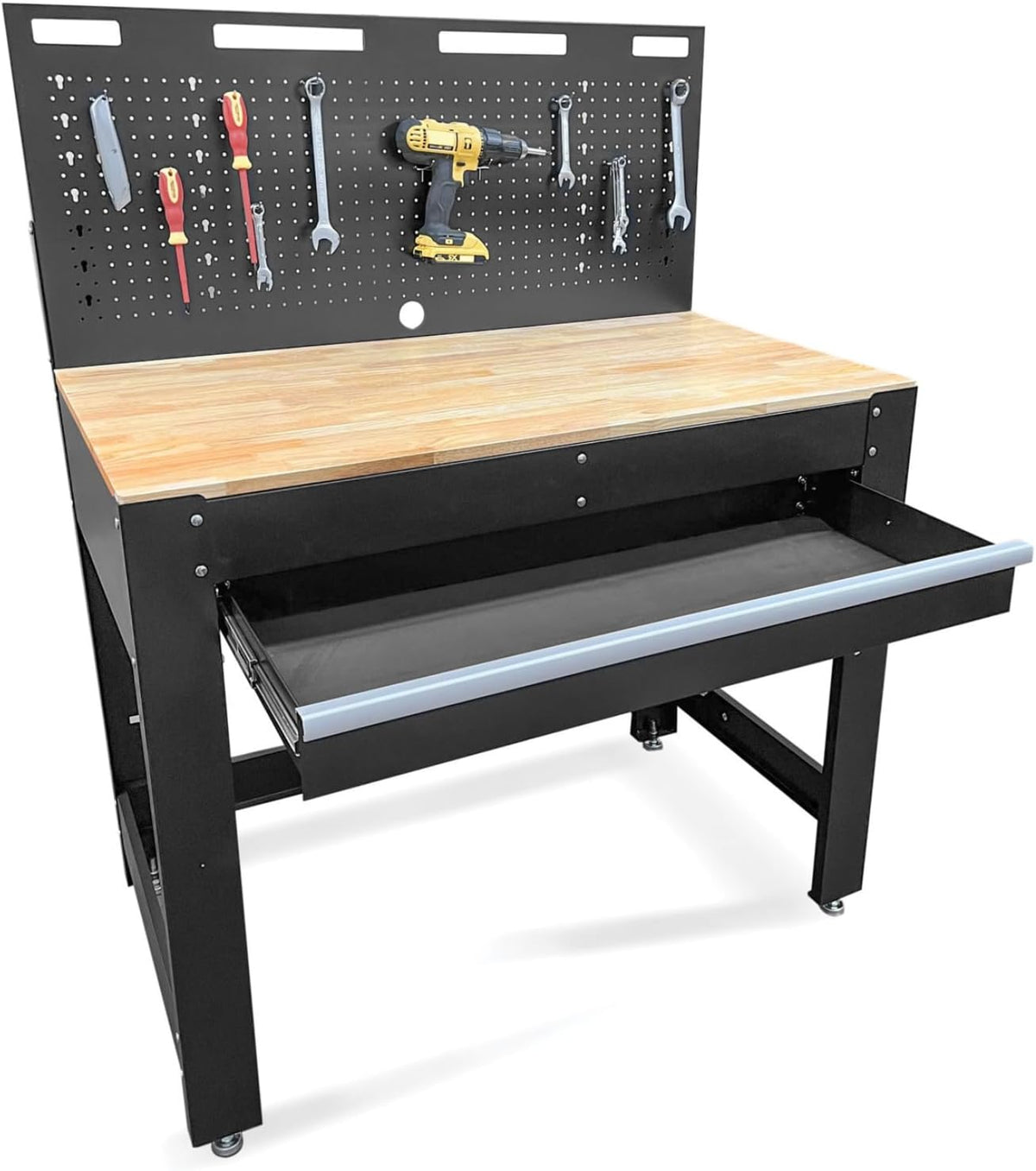 Heavy-Duty Steel Workbench with Power Strip, Drawer & Pegboard – Model WT006B