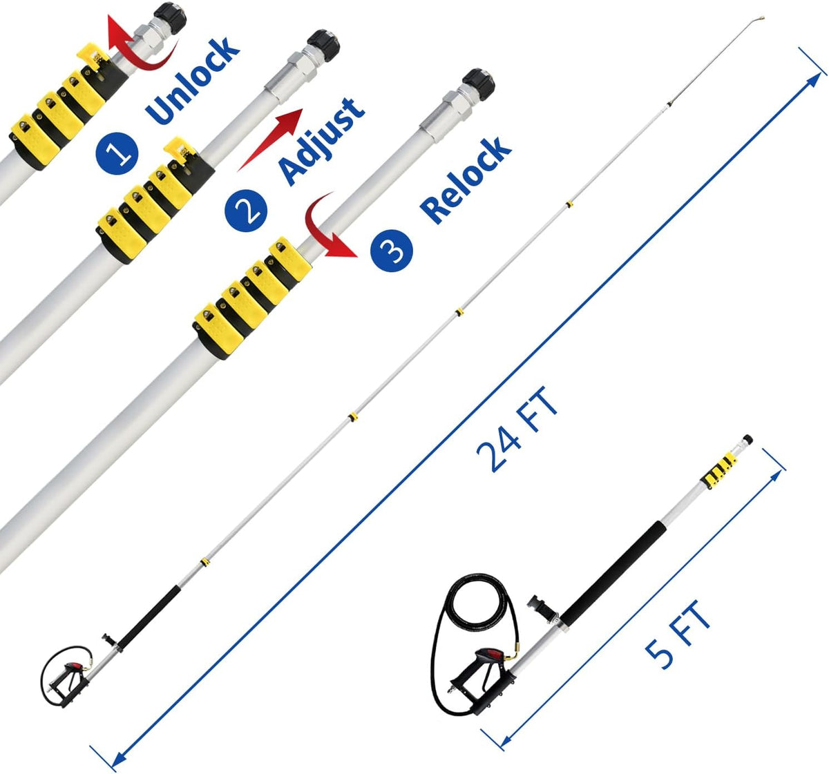 24 ft Telescoping Pressure Washer Wand Kit – Brush Head, Gutter Cleaner, 7 Nozzles – PWTW