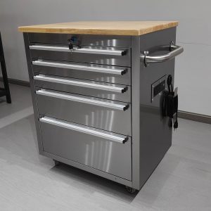 26-Inch 5-Drawer Stainless Steel Tool Bench with Rubber Wood Top – Rolling Workbench with Locking Drawers & Casters – TB2619S